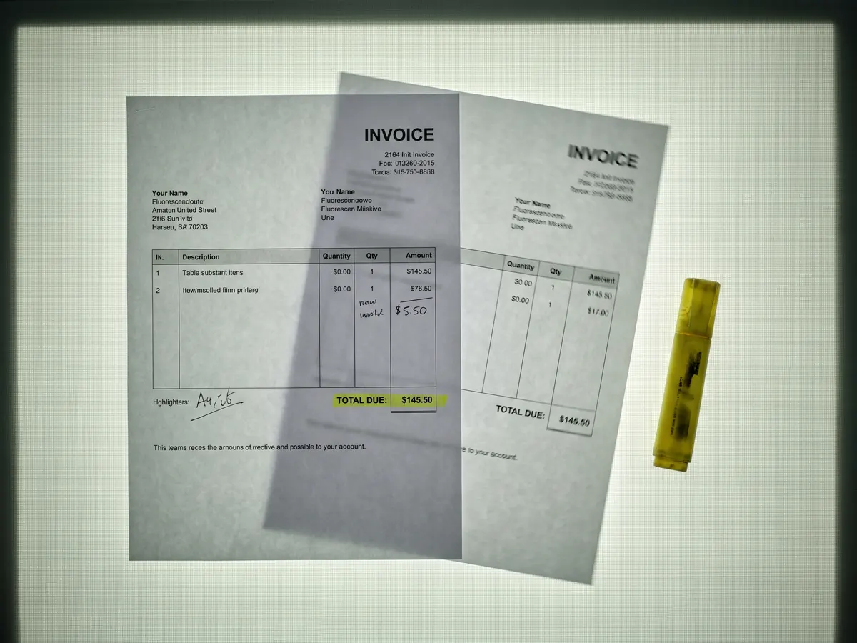 Two printed invoices on a light table, one sliding into place beside the other.