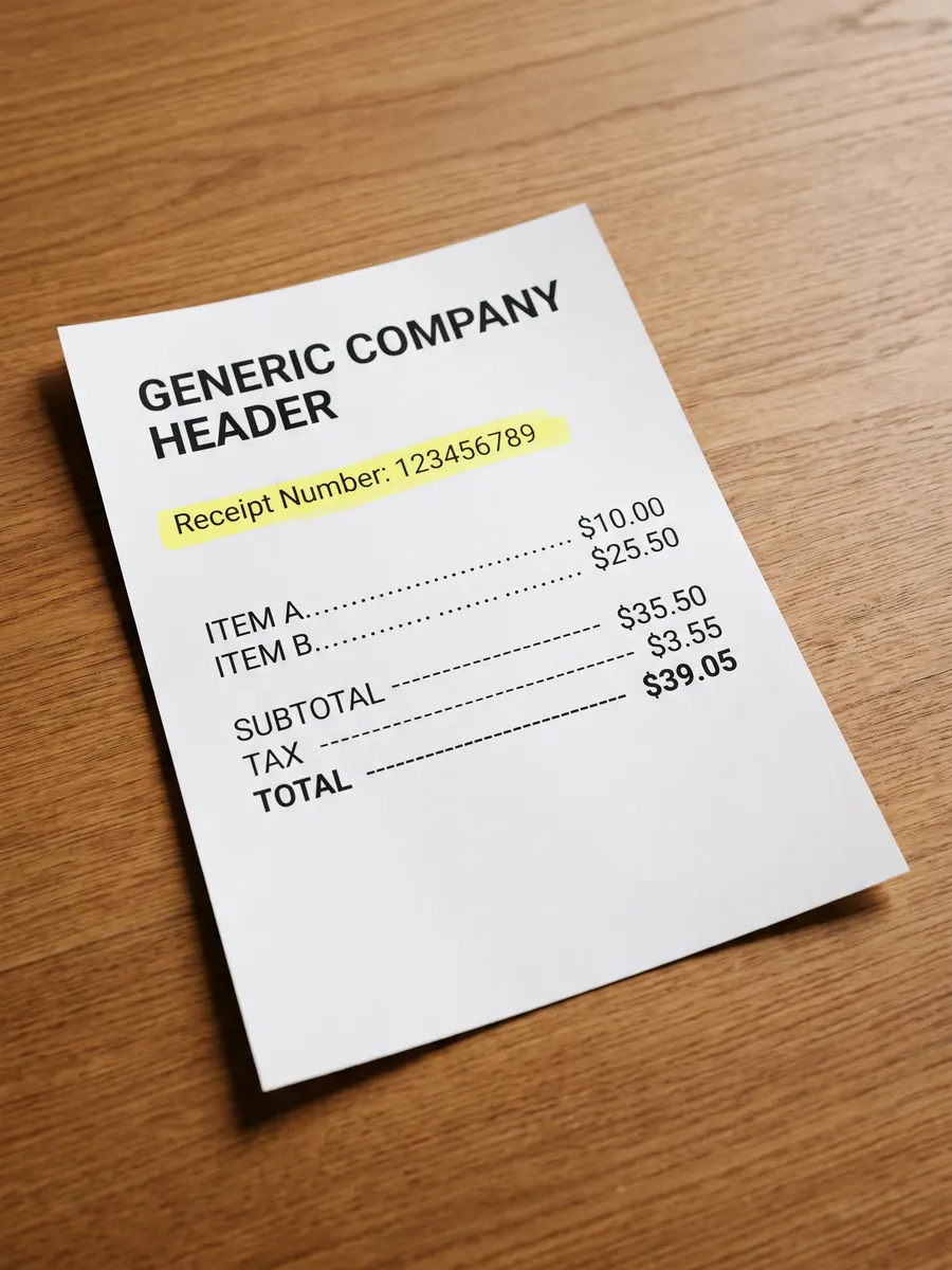 Printed A4 payment receipt on a light table with the receipt number highlighted in yellow.