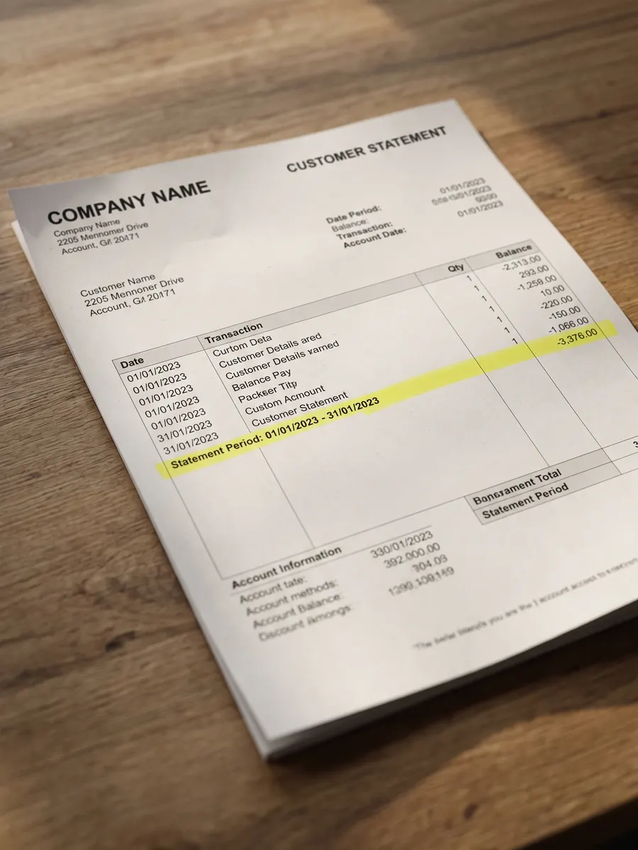 Printed A4 customer statement on a light table with the statement period highlighted in yellow.